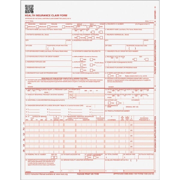 Tops CMS 1500 Claim Form, Laser, 20 lb, 8-1/2"x11", 250/PK, 8PK, WE 250PK TOP50135RV - main